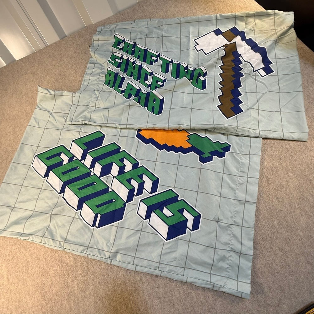 Minecraft‎ Pillowcase Set 2pc Crafting Since Alpha Life Is Good Grey Grid Gamer